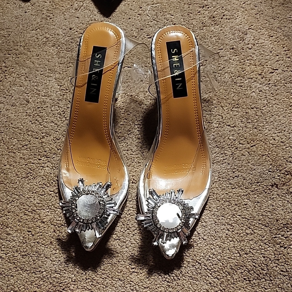 SHEIN Silver Slingback Heels with Pointed Toe